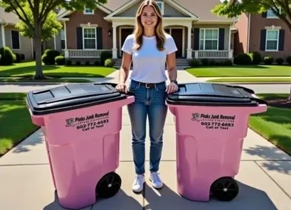 Woman standing with two pink trash bins.