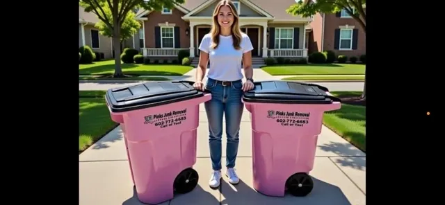 Woman standing with two pink trash bins.