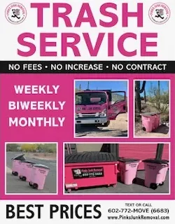 Trash service advertisement with pink bins.