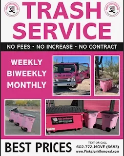 Trash service advertisement with pink bins.